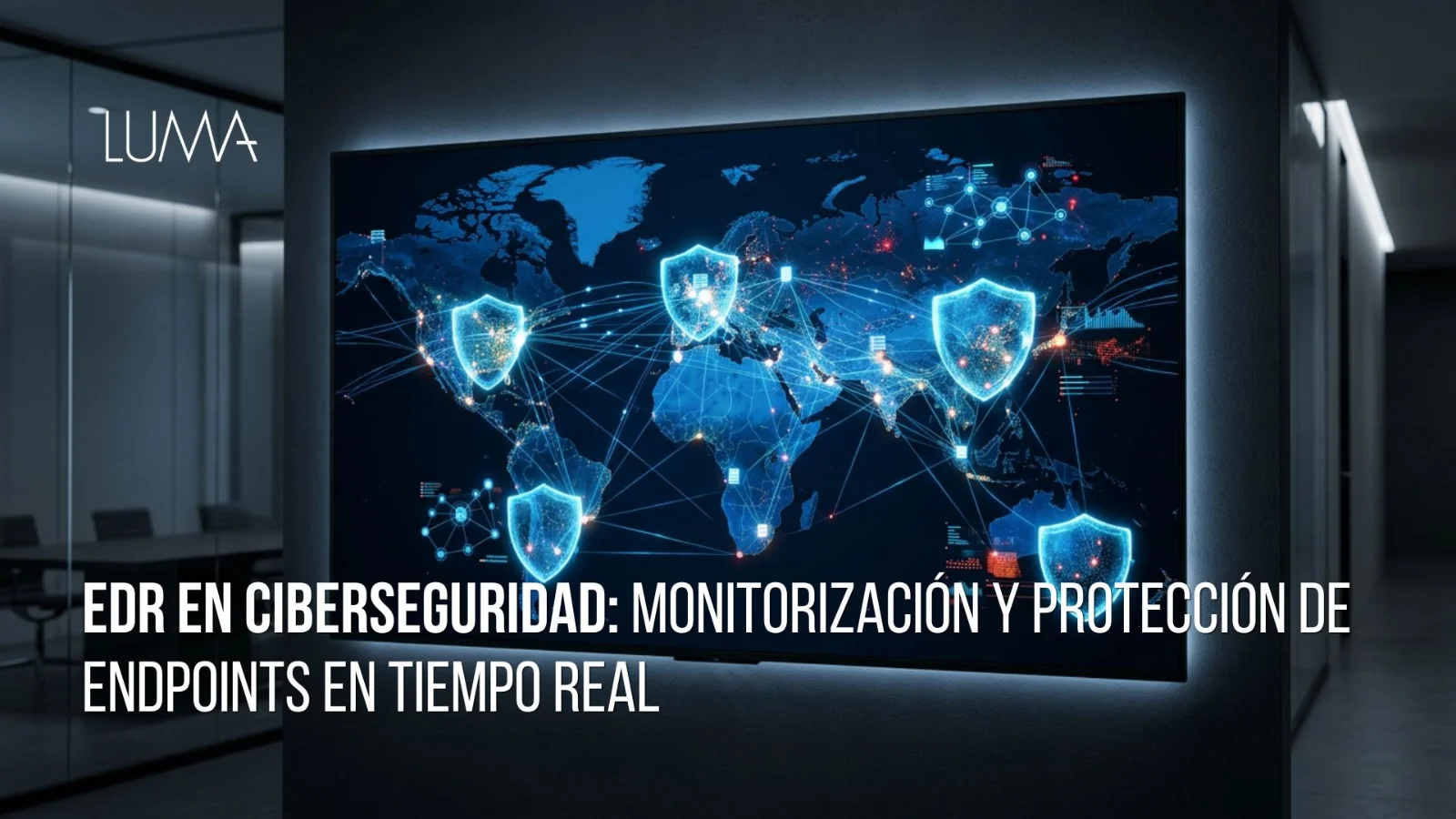 Ilustración conceptual de un sistema de detección y respuesta en puntos finales que rastrea vectores de ataque en dispositivos empresariales.